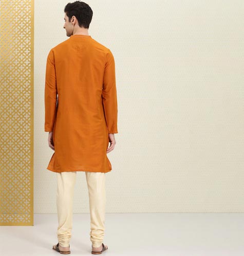 Men Rust Orange Solid Mandarin-Collar Rozana Kurta